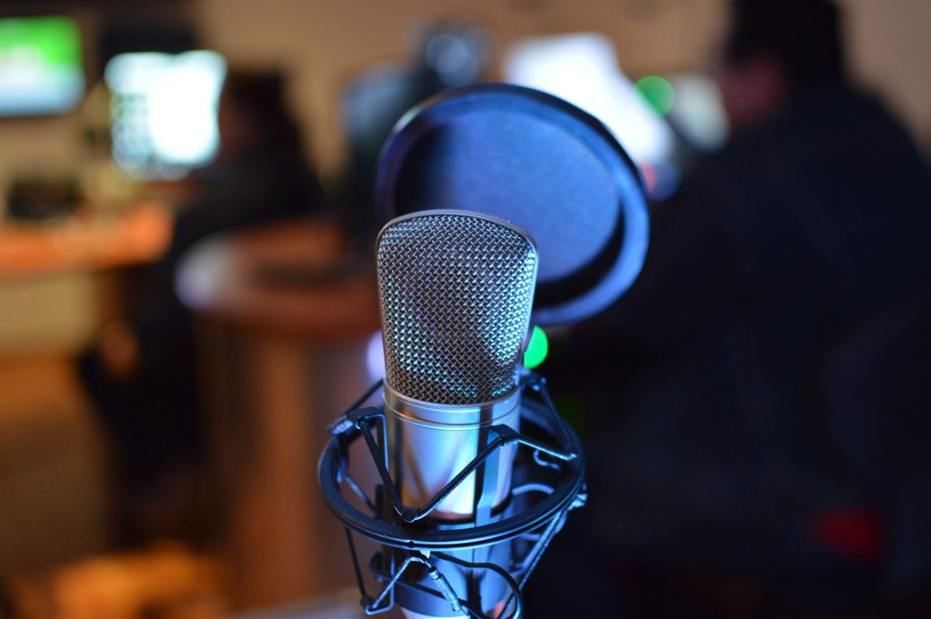 Close-up of a microphone in a professional recording studio in Cancún, Mexico.