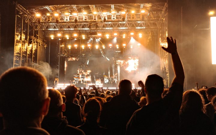 Energetic night concert with a cheering crowd and bright stage lights creating an electrifying atmosphere.